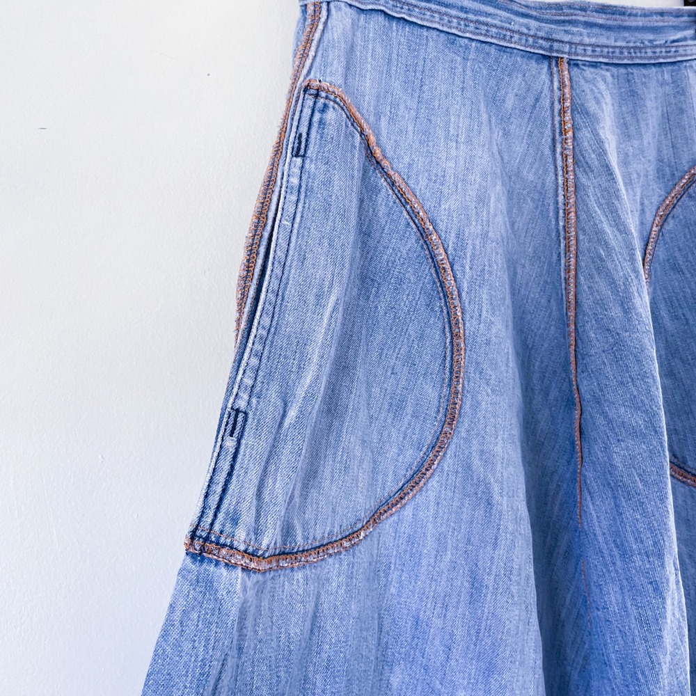Vintage Denim Midi Skirt Blue Small High Waist A-Line Boho Western Cottage 70s - Picture 5 of 9
